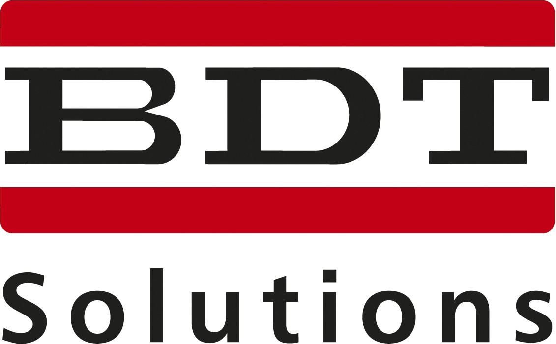 Logo-Technologiepartner-BDT-Solutions Zwischen zwei roten waagerechten Balken steht in schwarzer Schrift BDT geschrieben und darunter Solutions.